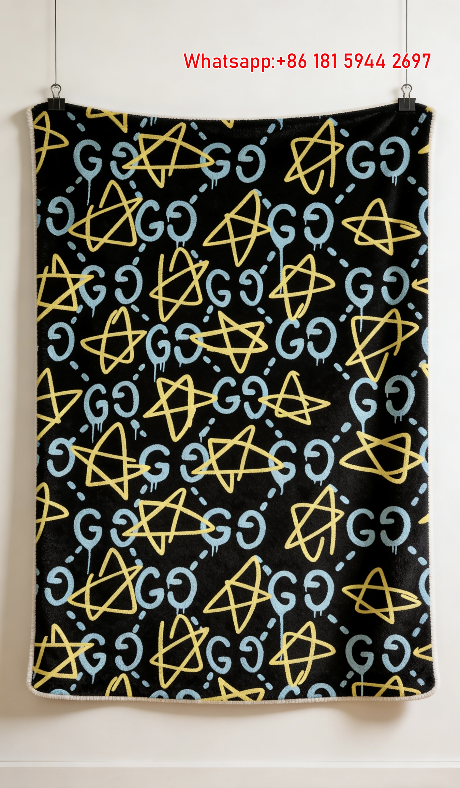 Dripping GG & Yellow Star Wall Tapestry Gucci GG Monogram Graffiti Star Flannel Blanket throw blankets IMG_2624